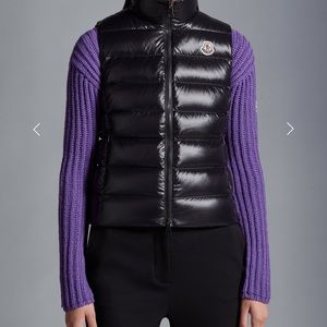 Moncler Black Puffer Vest with Purple Knit Sleeves